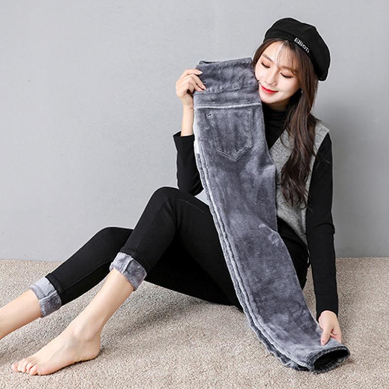 Корейские модные зимние толстые бархатные женские джинсы скинни с высокой талией, простые флисовые теплые облегающие эластичные женские повседневные джинсовые брюки