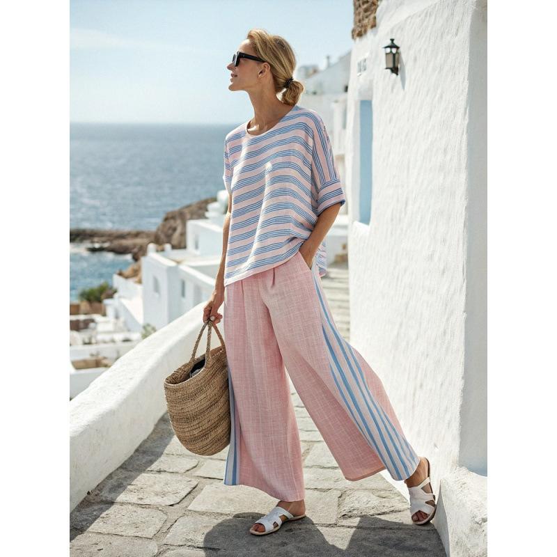 16 Printed Short Sleeve Women's Shirt Pants Set Fashion Loose Crew Neck Top High Waist Pants Two-piece Set