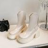 Французские узкие ботинки Женские Толстый каблук Толстая подошва Маленький человек Высокие Задняя молния Ботинки Мартина V-образный вырез Белые Средние Короткие ботинки