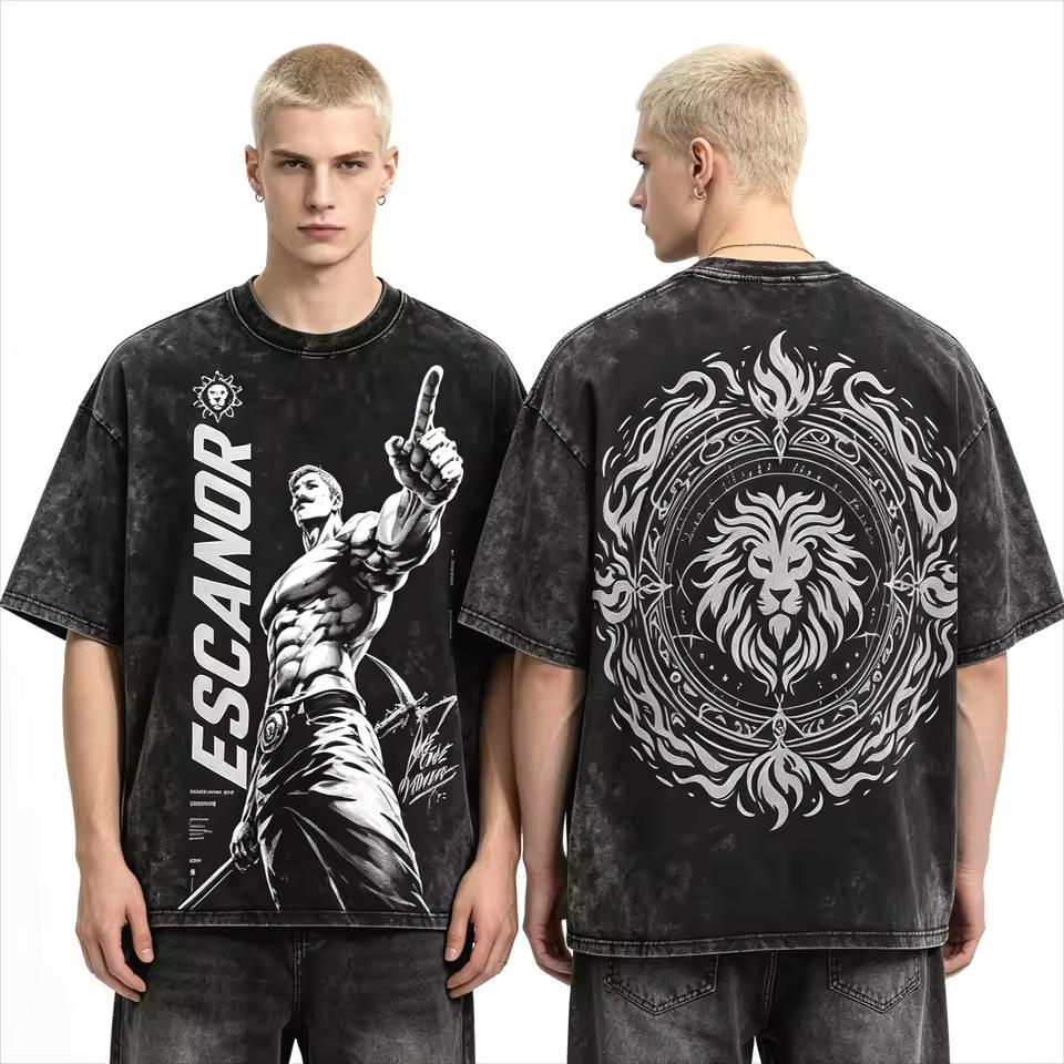 Summer Hot Sale Anime He Seven Deadly Sins Escanor Printed Tee Unisex Washed Cotton T-shirt Breathable and Comfortable Clothes