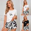 2 Pcs/Set Women Pajamas Set Short Sleeve O Neck Cartoon Cow Print T-shirt Drawstring Elastic Waist Short Pants Homewear Top Shorts Set