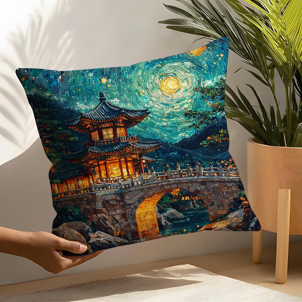 Korea Foguo Temple Pillow Case Linen Cushion Covers For Decorative Sofa Home Pillows Case Car Chair Pillows Cases