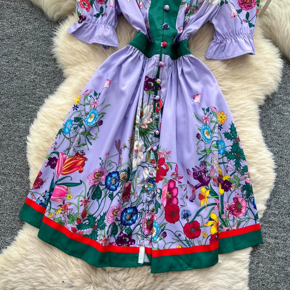 Летние женские платья с винтажным принтом, подиумные, с V-образным вырезом, на одной пуговице, мини, короткое, для вечеринки