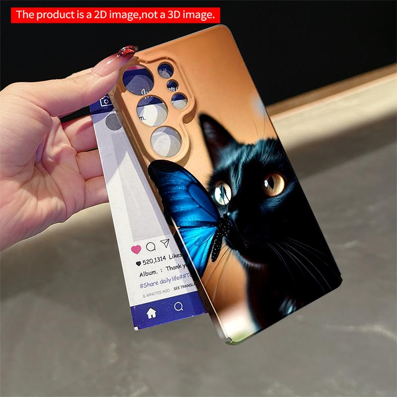 2DFlat Samsung phone case Blue Butterfly on Black Cat Phone Case Applicable to Galaxy S22 S23 S24 S25ULTRA S26 A12 A13 A14 A15 A16