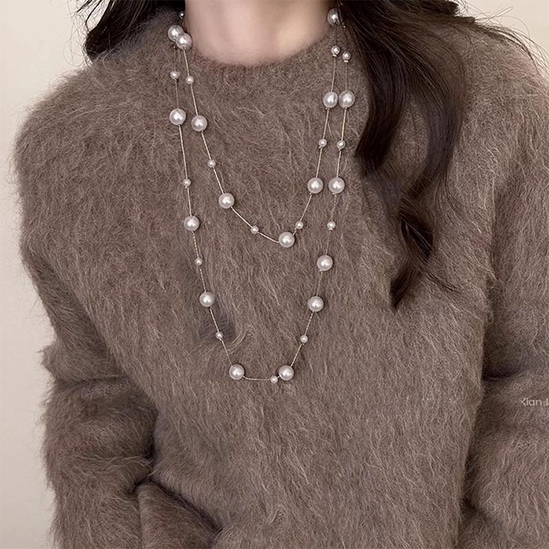 Элегантный двухслойный искусственный жемчуг свитер ожерелье для женщин женские воротники длинное цепное ожерелье