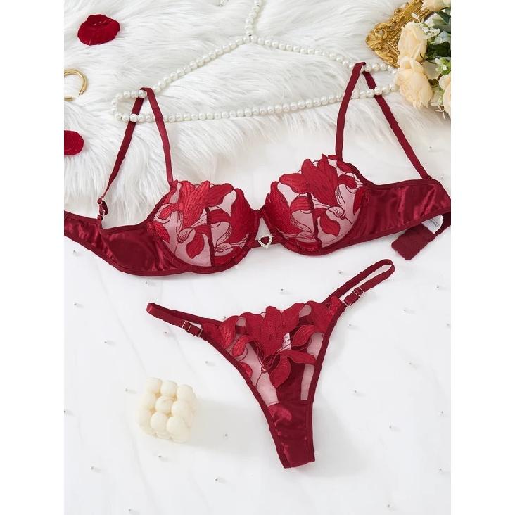 Transparent Floral Two Pieces Exquisite Lace Lingerie Set Ultrathin Bra Briefs Set Solid Exotic Lingerie For Ladies 23171A