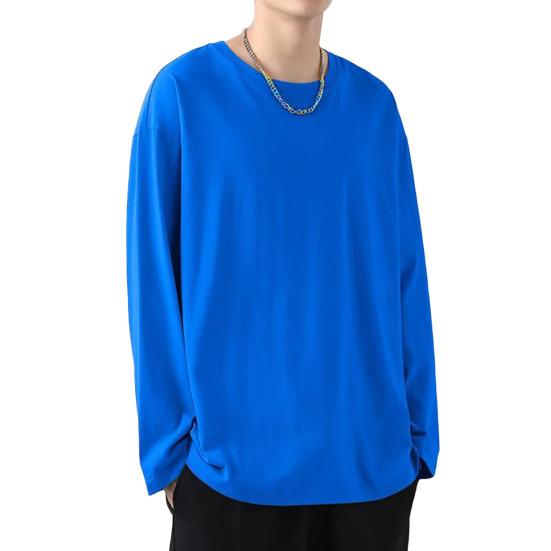 Men T-shirt Round Neck Long Sleeve Solid Color Pullover Tops Loose Fit Soft Breathable Tee Shirt Home Gym Street Wear