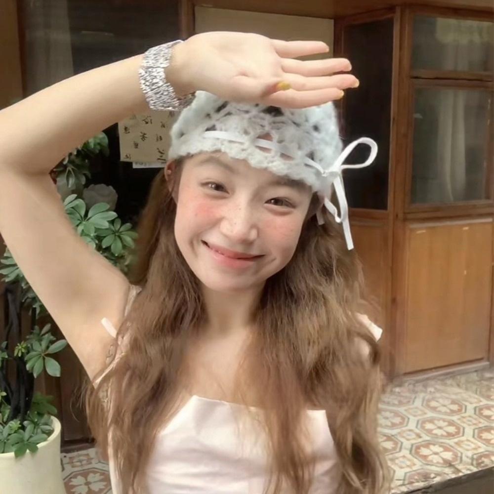 Bow Knit Beanies Strapped Ethnic Style Hat Casual Crochet Hollow Knitted Hat  Apparel Accessories