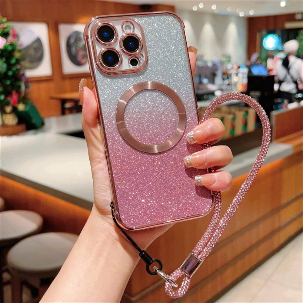 For iPhone 16 Pro Max Case Compatible with MagSafe Electroplated Gradient Glitter Phone Cover with Lanyard