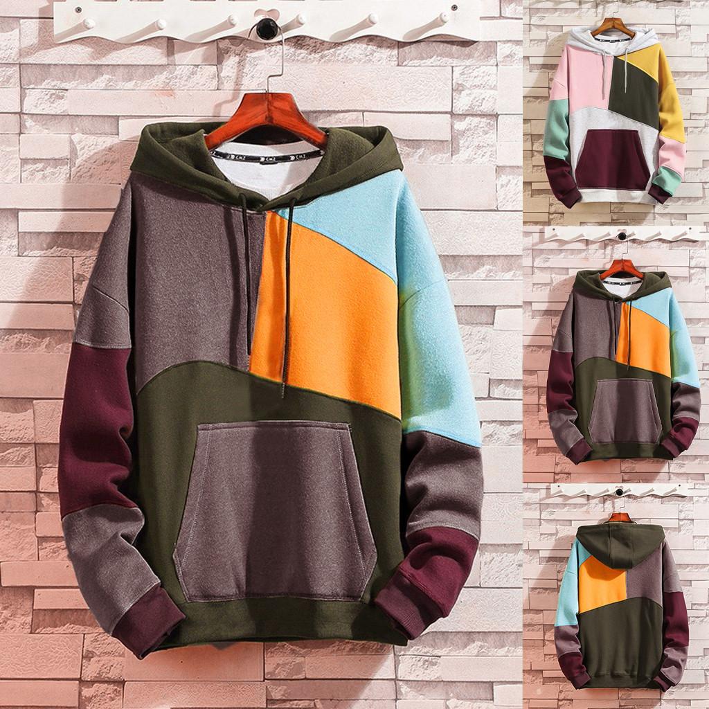 Модная мужская повседневная однотонная лоскутная толстовка с капюшоном