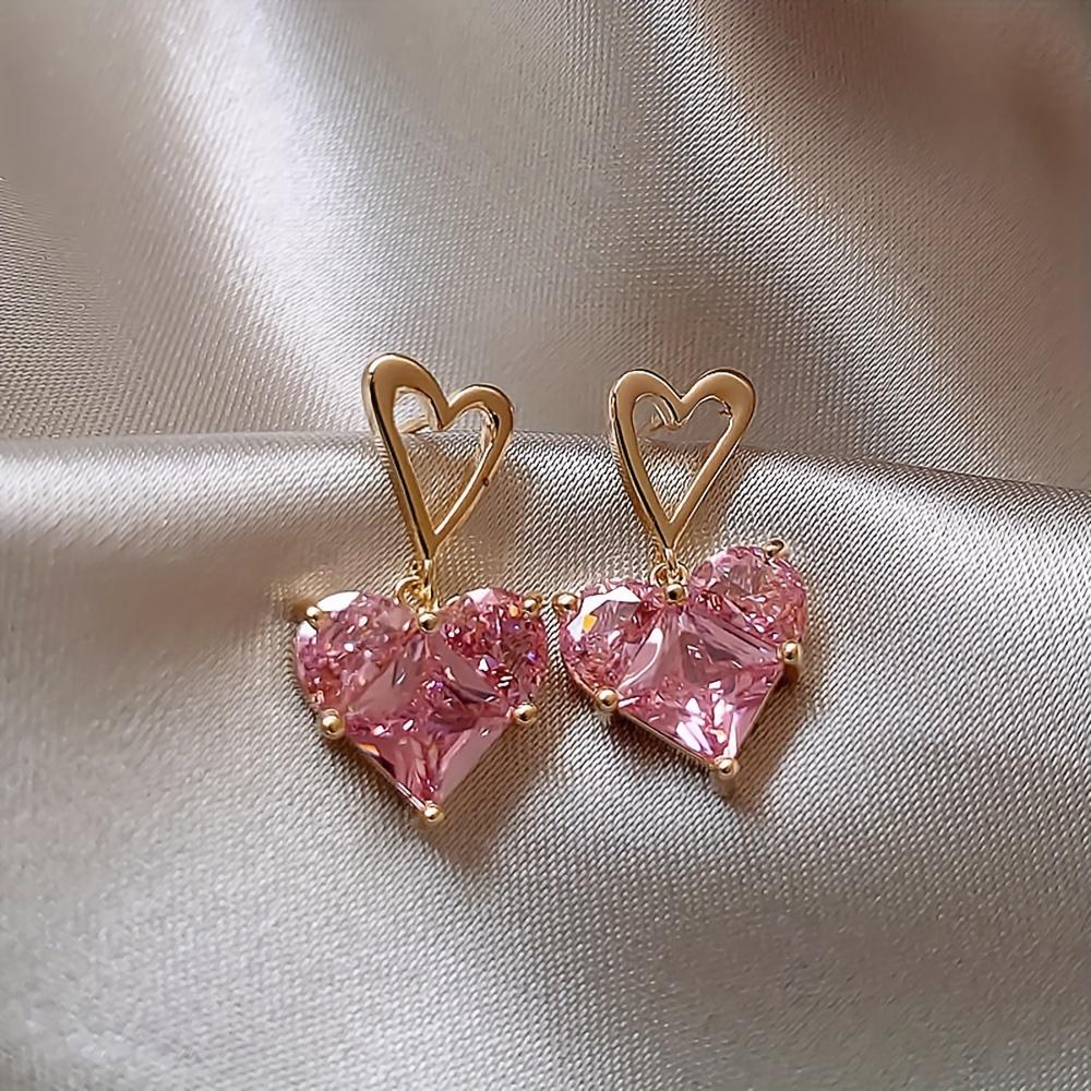 Luxury Pink Heart Pendant Necklace and Earrings Set, Sexy Y2K Trend Fashion Jewelry, Zinc Alloy, Daily & Party Wear - Ideal Valentines Gift for Her -