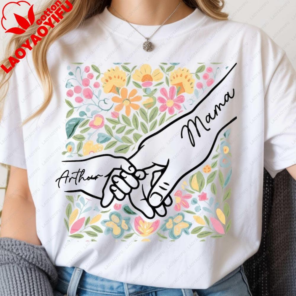 Custom Mama And Kids Holding Hands Shirt Personalized Floral Mothers Day Gift