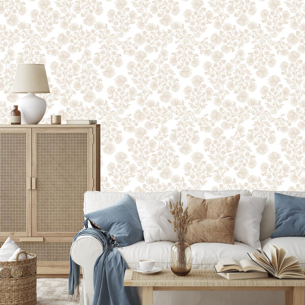 Wallpaper Flowers white and cream, soft shapes for the living room and bedroom 50x1000