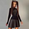 Women's Solid Long Sleeve Slim Mini Dresses Autumn New O-neck Hollow Out Pleated A-line Dress Ladies Sexy Vestidos
