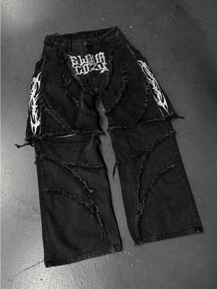 Мода Америка ретро-стрит молния пэчворк мешковатые джинсы мужские Y2k полоса вышивка сращивание черные джинсовые брюки хип-хоп джинсы