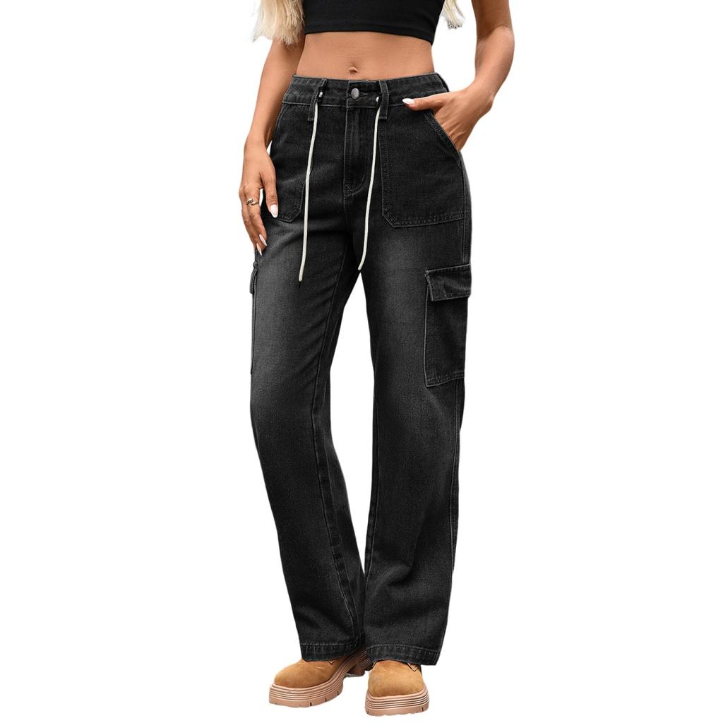 Женские повседневные модные однотонные джинсы прямого кроя с широкими штанинами, эластичной талией и карманами