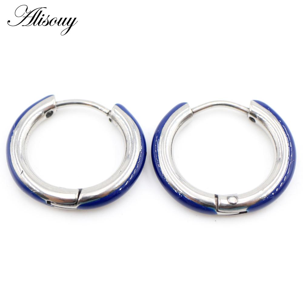 Alisouy 2PCS Punk Rock Hiphop Stainless Steel Enamel Circle Round Ear Helix Clip Huggie Buckle Women Men Unisex Hoop Earrings