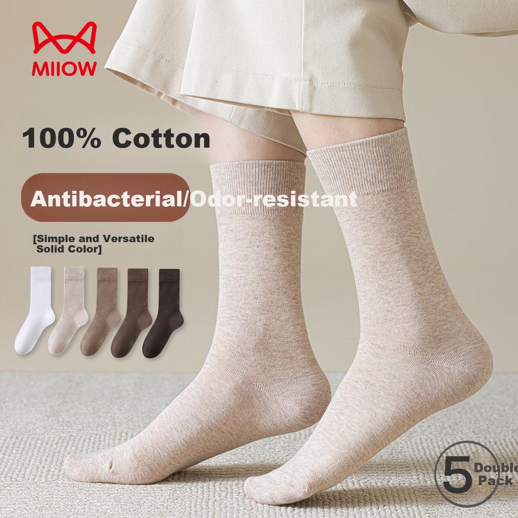 MiiOW Women's Socks Women [100% Cotton] Autumn and Winter Mid-tube Socks Women's Anti-odor 10A Women's Socks 25-Year New Product 5 Pairs