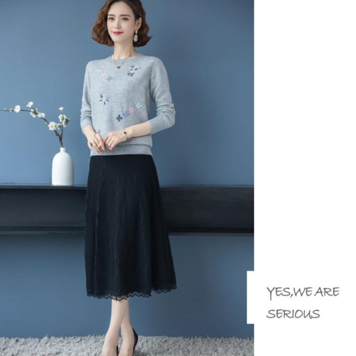 Весна Осень Женский свитер с круглым вырезом Вышитый свободный трикотажный свитер больших размеров Трикотажный топ с эластичным вязанным узором