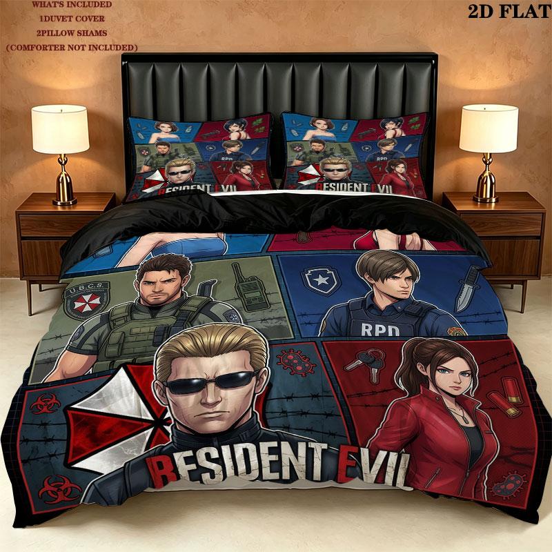 Resident Evil Pattern Bedding Quilt Set Quilt Cover Pillowcase Home Birthday Gift(1 * duvet cover + 2 * pillowcase, without core)