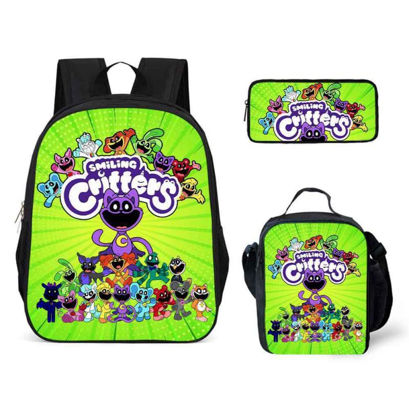 Kids School Backpack Set With Cartoon Smiling Creatures - 3-Piece Oxford Fabric Bag Elementary Students