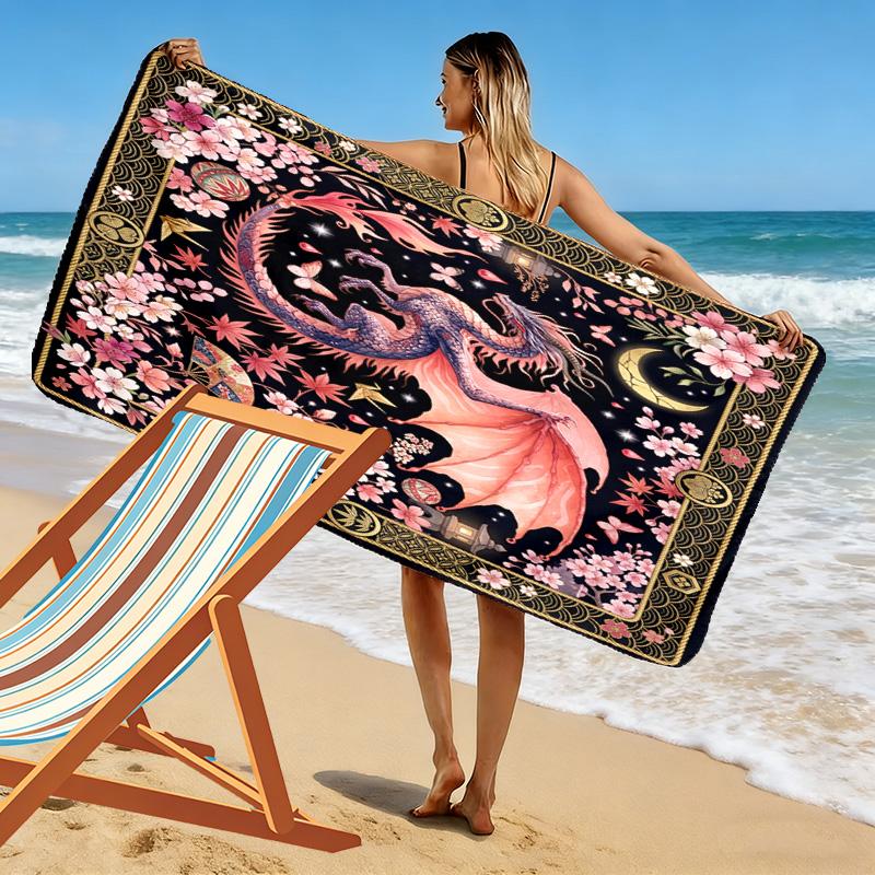 Vintage Floral Dragon Print Beach Towel, Large Soft Quick Dry Towel for Beach Camping Swimming