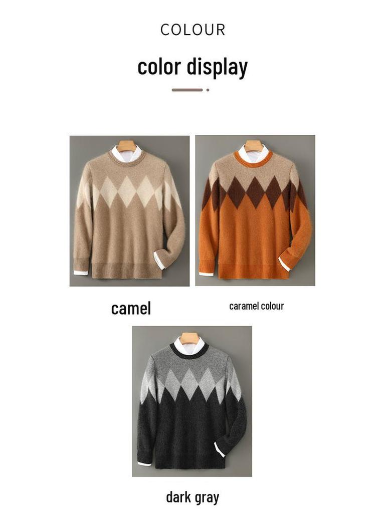 Men's Color Block Wool Sweater: Round Neck, Thick, Simple Design, 100% Pure Cashmere, Perfect for Autumn/Winter.