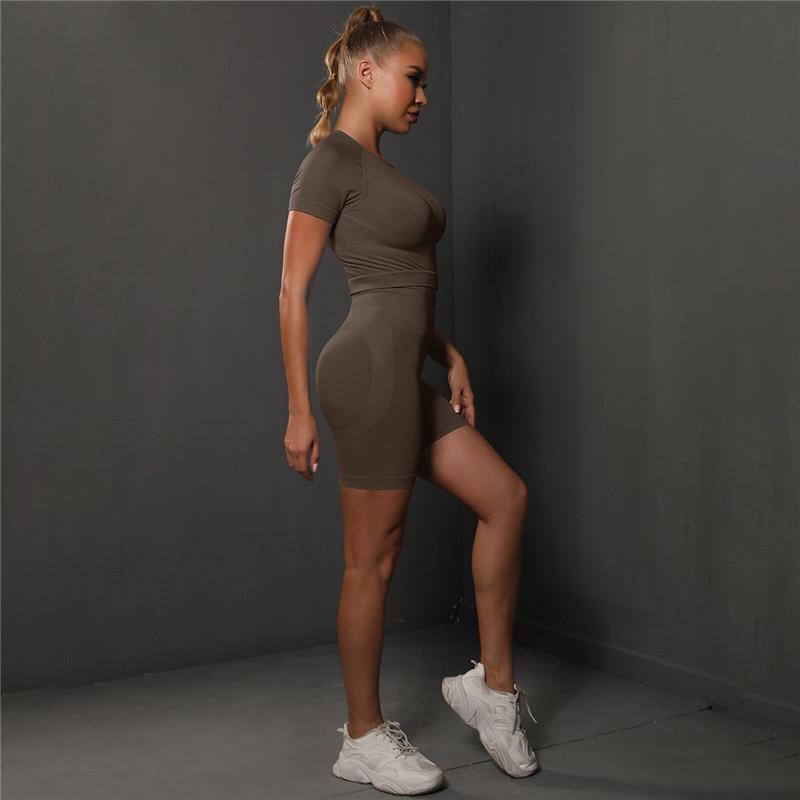 Auroth Slim Yoga Set Quick Dry Women Sportwear Gym Sports Short Sleeve High Waist Shorts Fitness Outfit