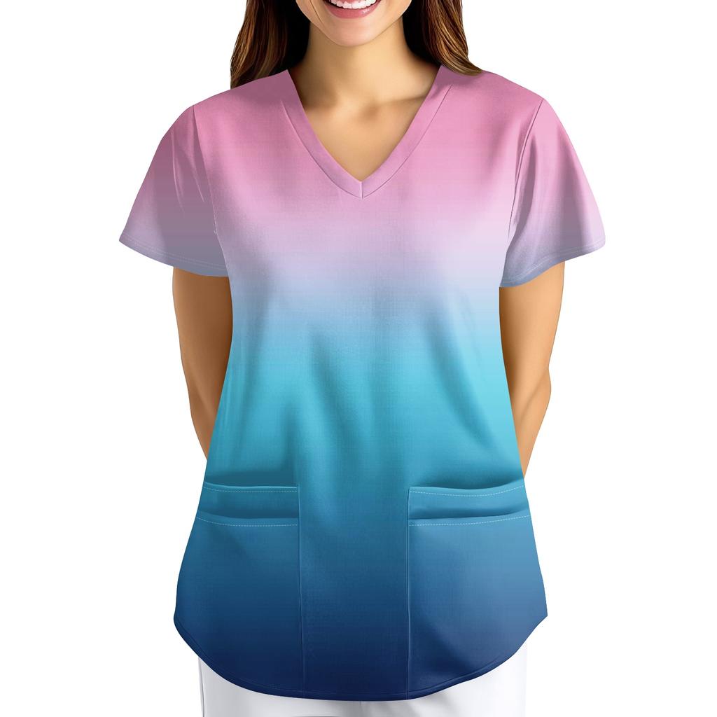 Большой размер Принтованный скраб Рабочая униформа Топы для женских V-образный вырез с запахом Принт Короткий рукав Веселые футболки Рабочая одежда Футболка с карманами