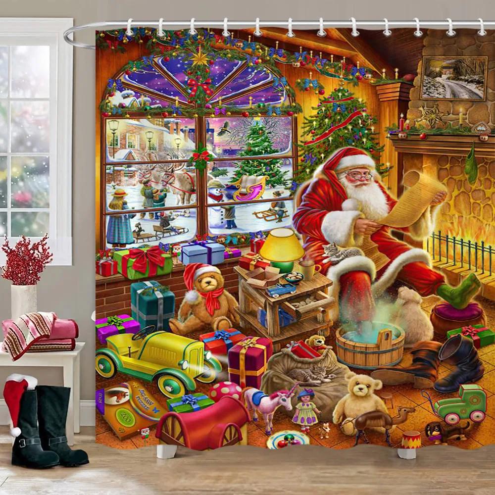 Рождественская занавеска для душа для ванной комнаты, деревенская рождественская занавеска для душа в деревенском доме, винтажная рождественская занавеска для душа для гостиной