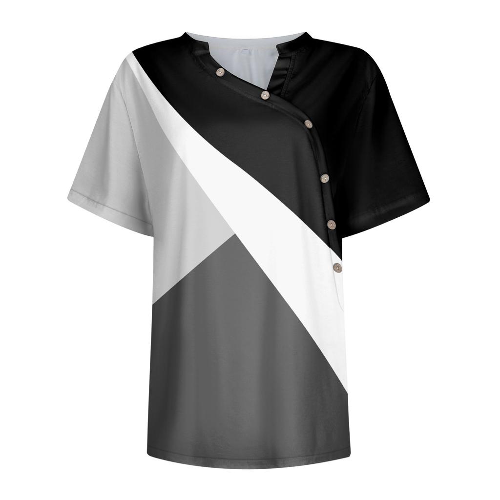 Жен. Футболка Футболка С принтом Пуговицы С короткими рукавами Повседневные Выходные Мода V-образный вырез Обычный Топ