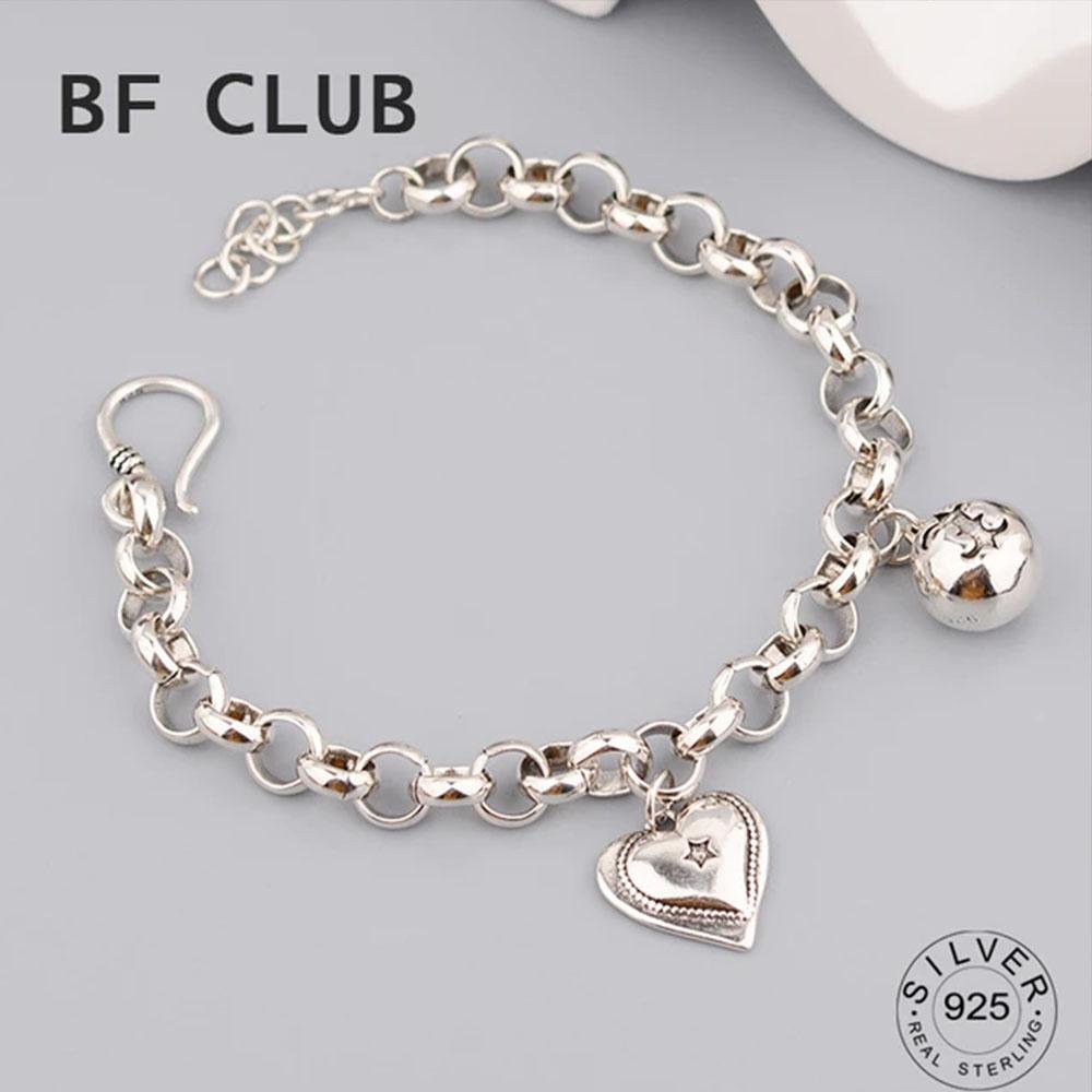 BFCLUB Silver Color Hiphop Thick Heart Ball Bracelet for Women Men Vintage Handmade Hasp Bracelet Birthday Gift S-B451