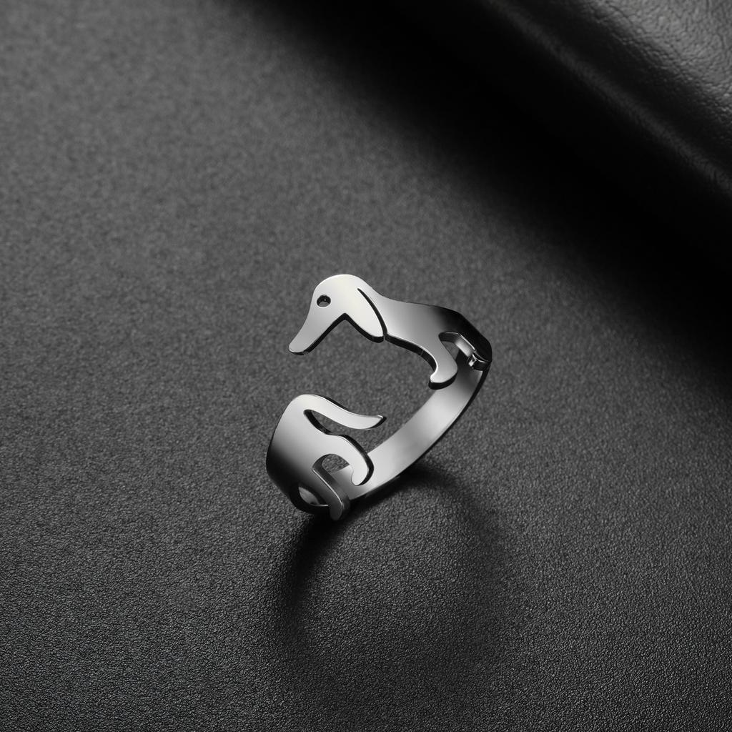 Lemegeton Men's Cute Sausage Dog Open Ring Women's Adjustable Stainless Steel Pet Dog Ring Fashion Jewelry Animal Lover Gift