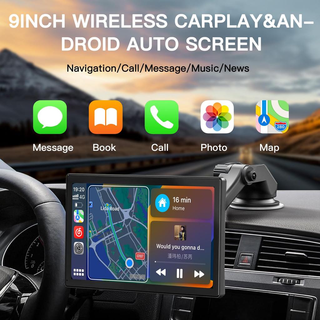 [carabc] Универсальный 9-дюймовый экран CarPlay для автомобиля, Автомагнитола Apple Andriod Auto с 4K-видеорегистратором, камера заднего вида 1080p