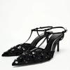 Fashion Summer Ankle Strap Heeled Sandals Women Elegant Bling Black Mesh Designer Pumps Sexy Pointed Toe String Bead Heels Party Shoes