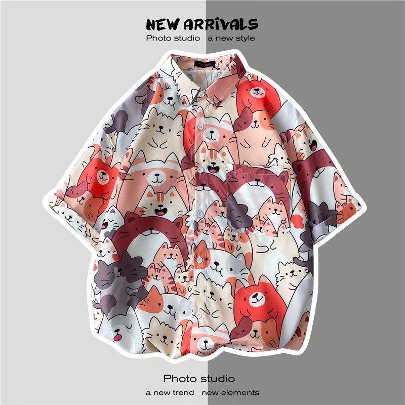 Retro Floral Shirt Blouse for Man Hawaiian Short-sleeved Floral Shirt Men's Loose Trend Couple All-match Five-point Sleeves