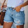 Summer Women Shorts Ripped High Waisy Zipper Button Closure Multi Pockets Folded Hem Streetwear Solid Color Slim Fit Denim Shorts