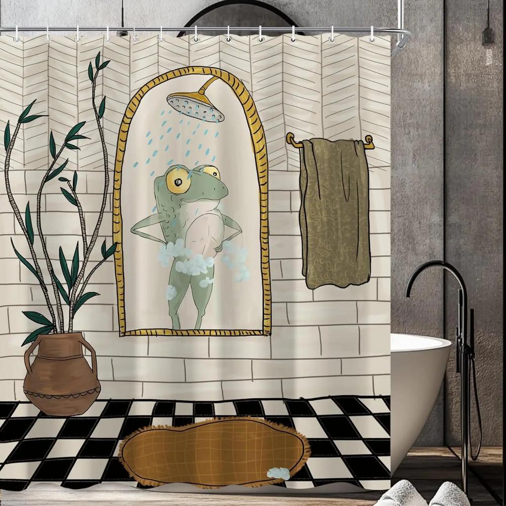 Funny Retro Frog Printed Shower Curtain Cute Vintage Animal Plant For Bathroom Decor