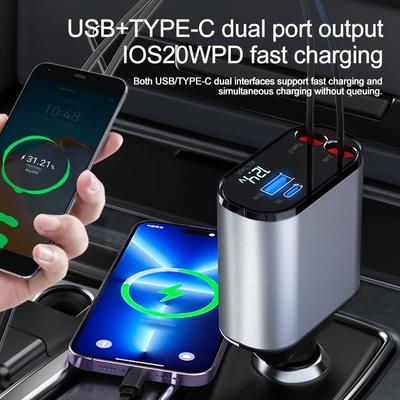 100 Вт Dual USB Type C Быстрая зарядка 4 в 1 Выдвижное автомобильное зарядное устройство для iPhone Samsung Супербыстрое зарядное устройство Адаптер прикуривателя