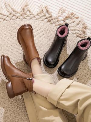 Утолщенный мех и теплая хлопковая обувь для женщин зимой 2024 года, низкие каблуки, короткие сапоги для людей среднего и пожилого возраста, зимние сапоги