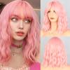 Synthetic Hair Wig Pink Black Medium Wave Wig with Middle Part Bangs for Women Heat Resistant Fiber False Hair