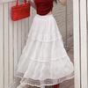 Кружевная отделка Французское кружево Весенне-летняя юбка миди - С высокой талией Сладкая белая Многоярусный дизайн торта Длинная юбка