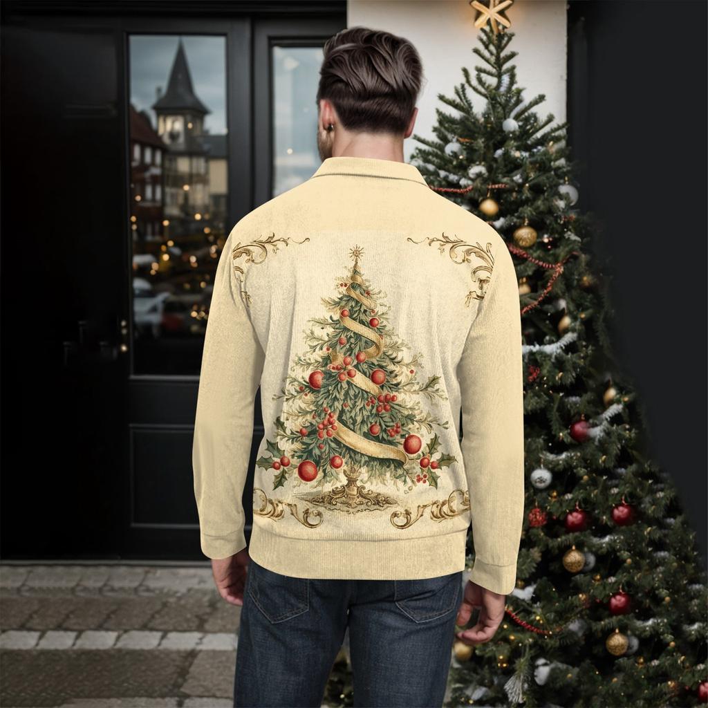 Мужская рождественская хлопковая рубашка-пуловер с длинным рукавом для активного отдыха, винтажная вельветовая рубашка с воротником-стойкой и пуговицами, повседневная толстовка с рождественским принтом