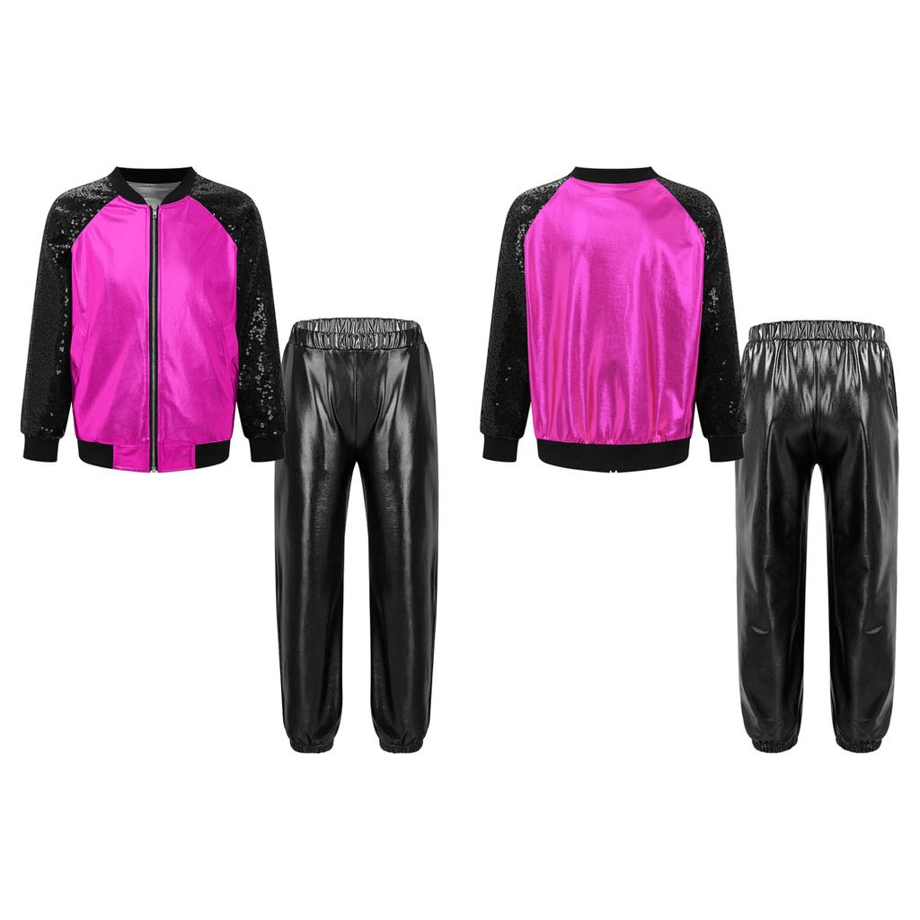 Детская куртка на молнии с длинными рукавами и блестками для девочек и штаны цвета металлик для танцевального выступления в стиле хип-хоп