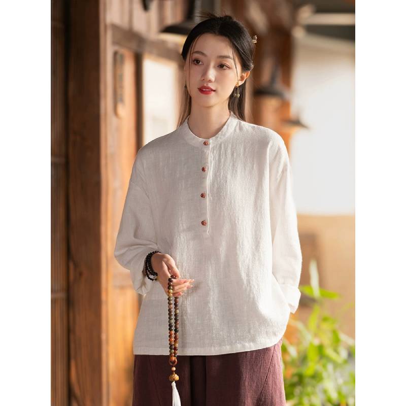 Spring Linen Cotton Womens Shirt With Colorblock Buttons For Vintage Style Casual Wear