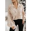 Solid Lapel Lantern Long Sleeve Button Up Blouse Hallow Out Sexy White Black Lace Shirt for Women