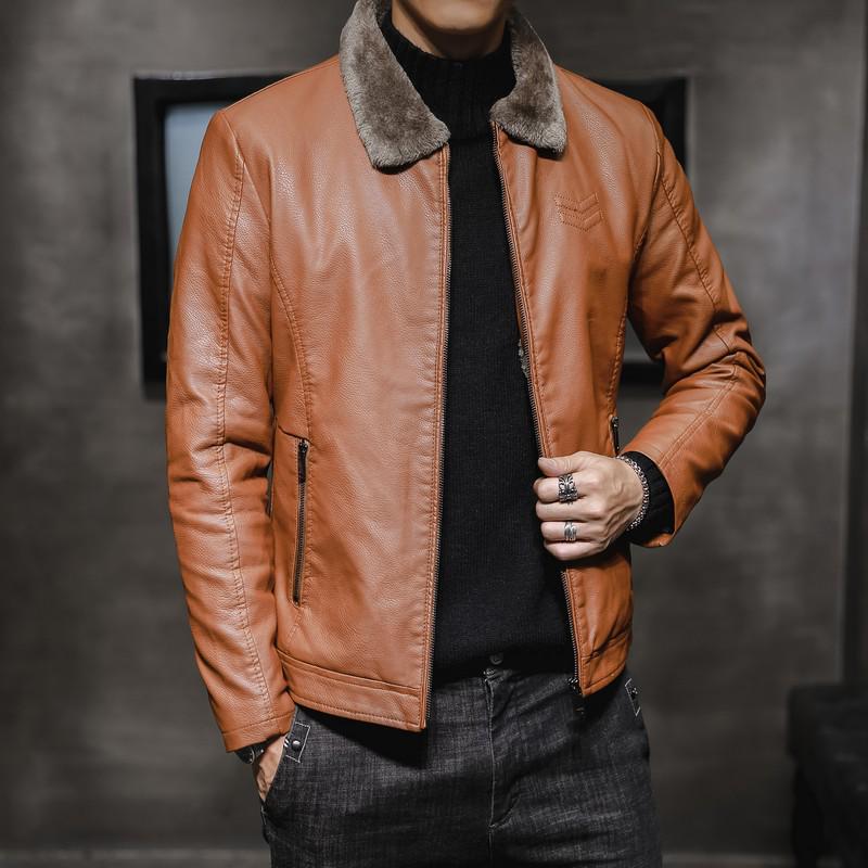 New Men Leather Jacket Lapel Middle-aged Men Fleece-lined Thickened Fur Winter Fashion Faux Leather Coat Zipper Jacket