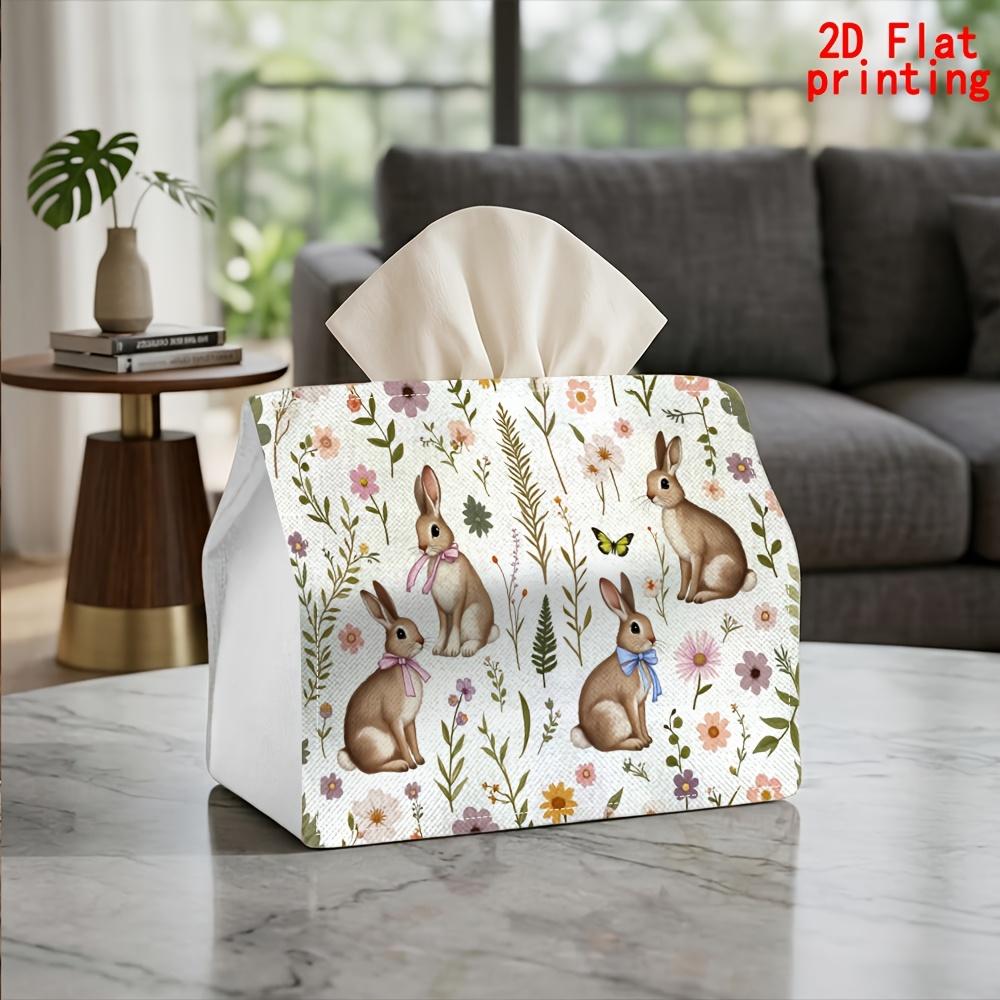 2D Flat 1pc, Tissue Box. Rabbit Floral Pattern Napkin Dispenser Box, Reusable, Daily Desktop Tissue Storage Box, Suitable for Kitchen, Living Room, Be