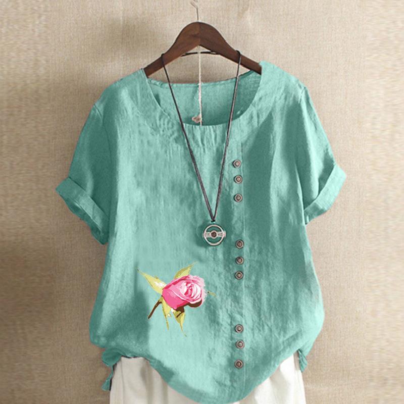 Women's Fashion Round Neck Short Sleeve T-shirt Casual Cotton Linen Graphic Shirt Leisure Loose Flower Prined Summer Blouse Tops Plus Size