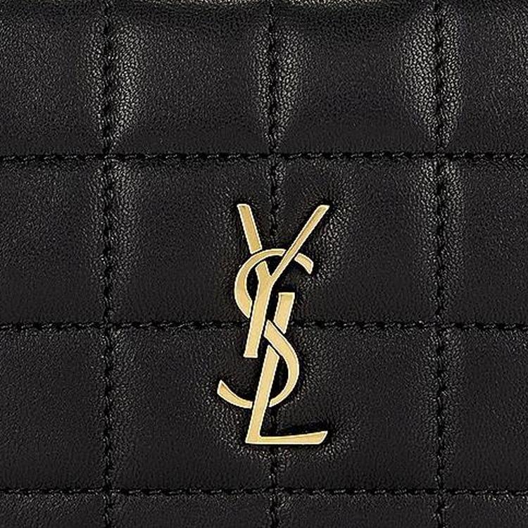 Saint Laurent Мини-клатч YSL с металлическим логотипом, золотистой фурнитурой и стеганой кожей, женский, черный, артикул 778102AABVP1000